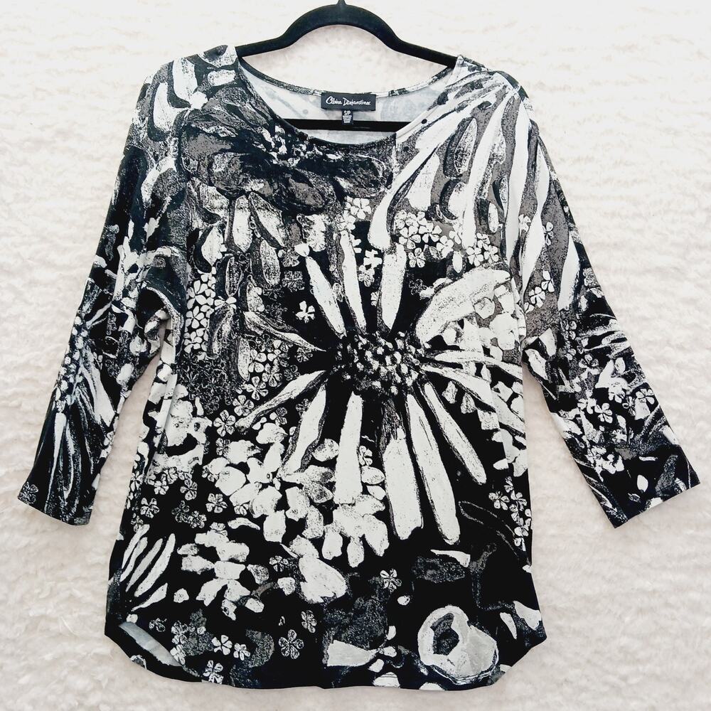 Tunic T-Shirt Black White Daisy Artsy Whimsycore Minimal Soft Grunge Goth Size S
